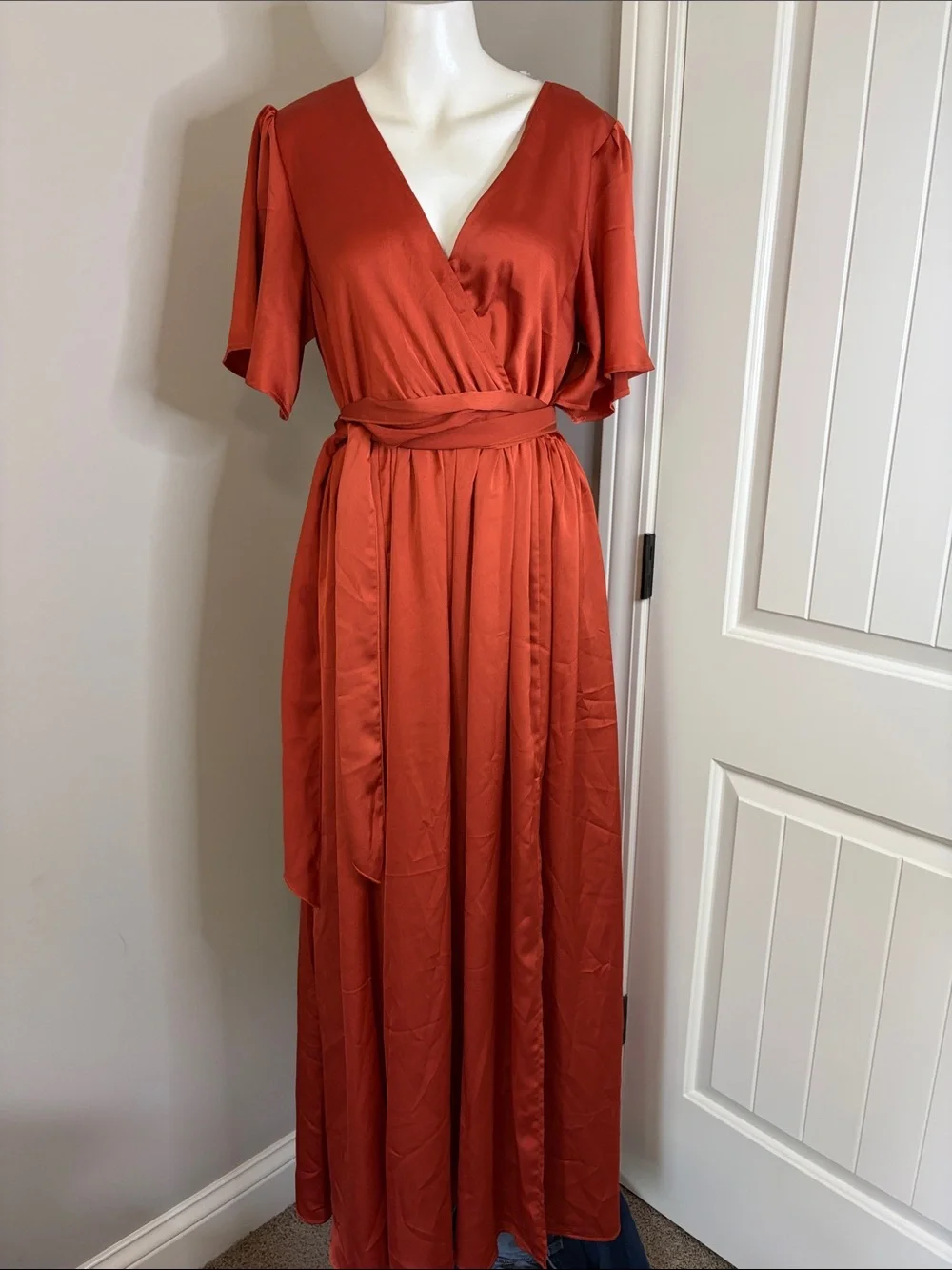 Baltic Born Sicily Satin Maxi Wrap Dress Rust Flutter Sleeve Tie wedding XL - Picture 4 of 14